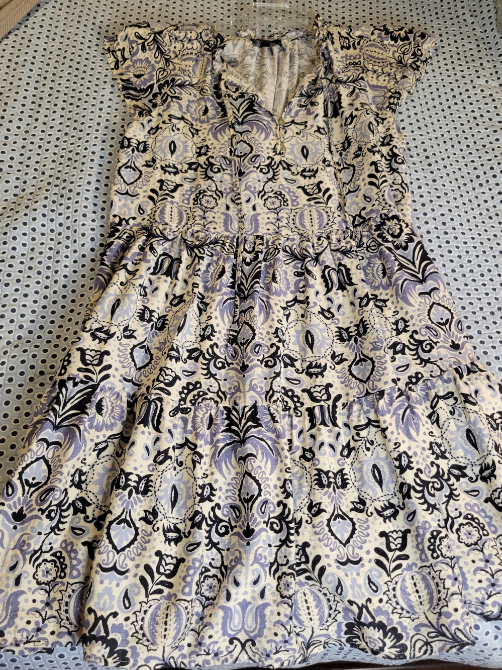 Printed Flutter Sleeve Mini Dress in White, Blue and Black